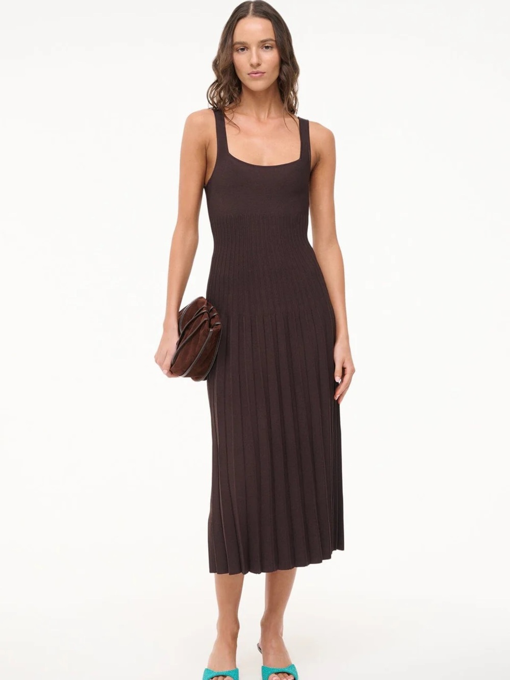 STAUD Ellison Dress / Dark Brown Ribbed Pleated Midi Dress